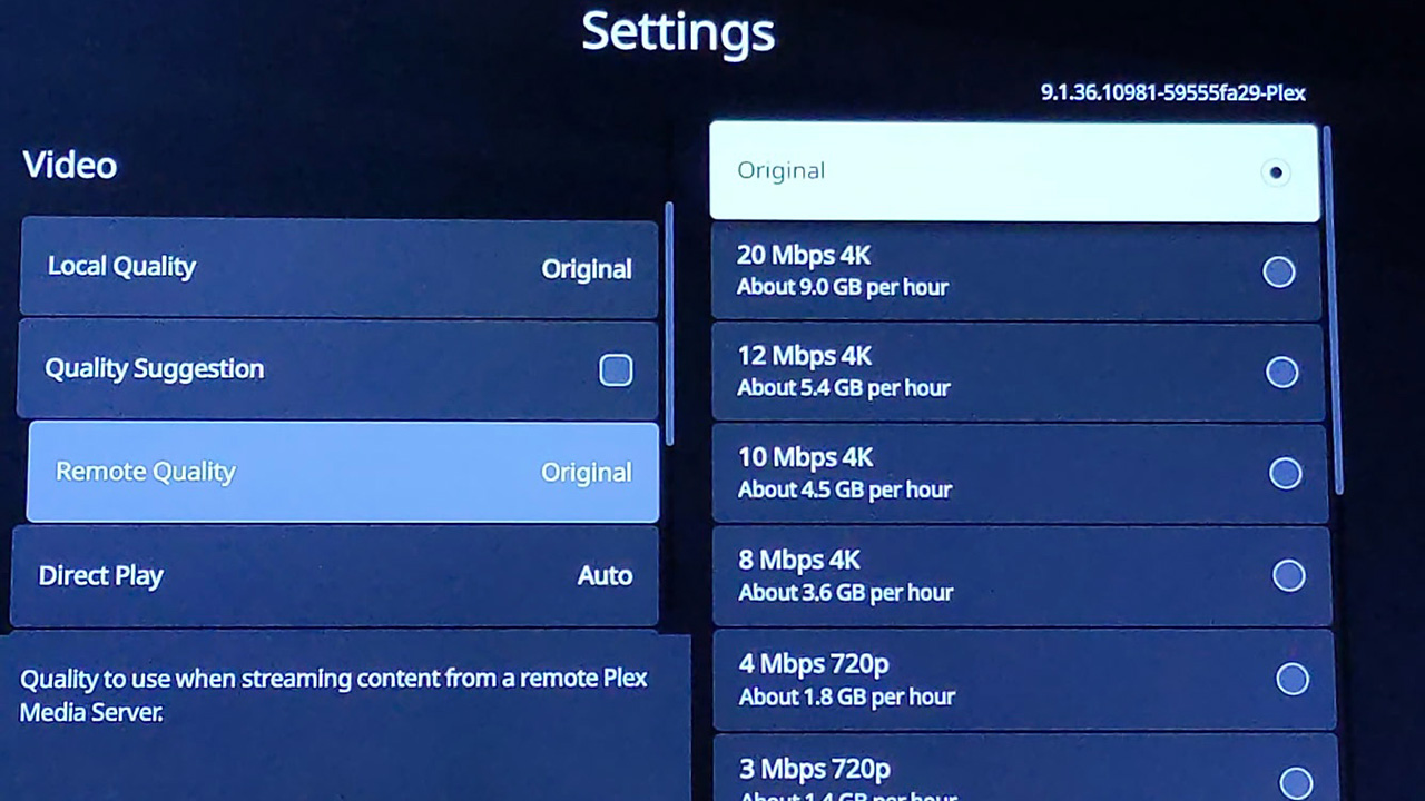 Video settings: Quality Suggestions turned off, remote quality set to Original