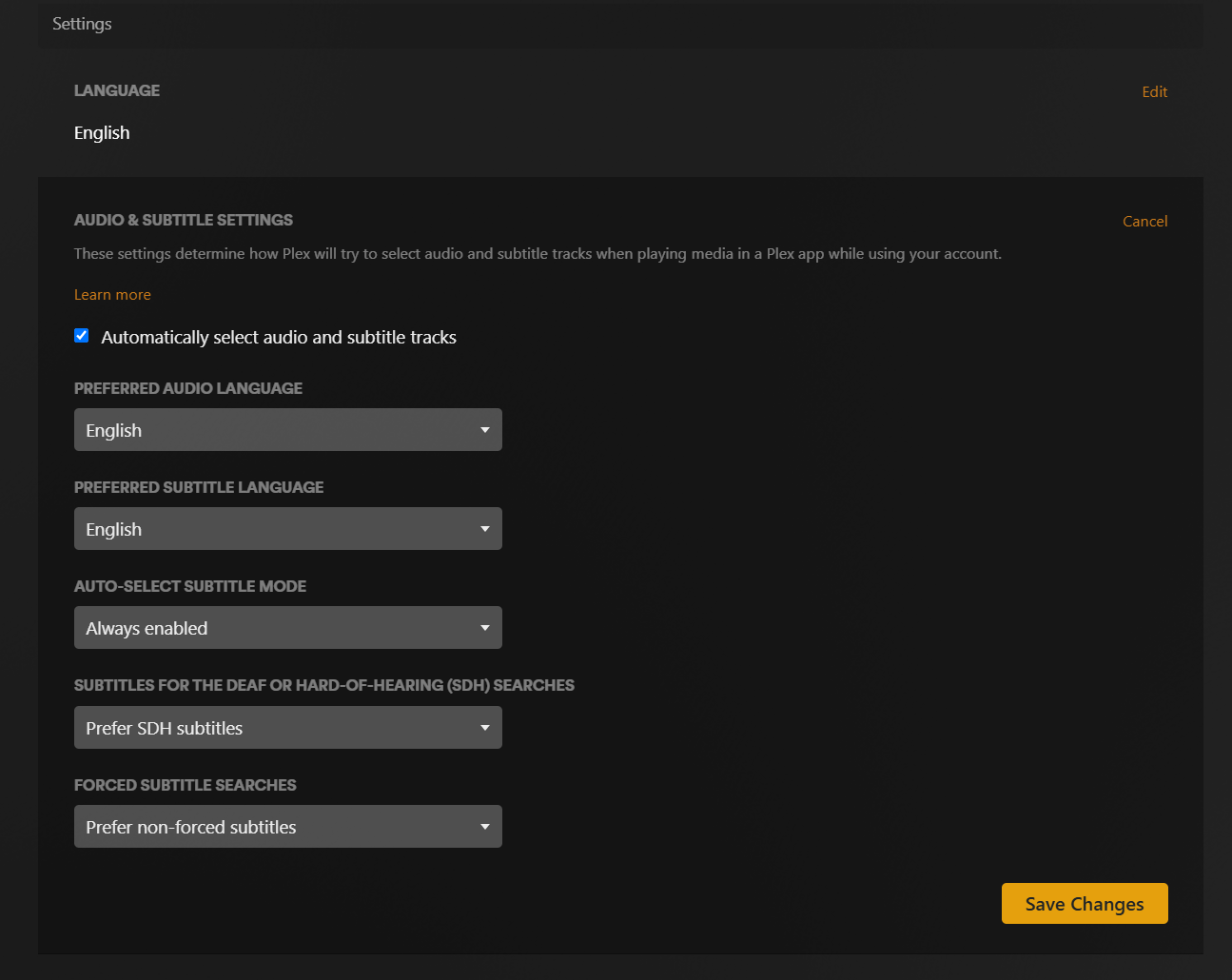 Subtitle settings: English, Always Enabled, Prefer SDH, and Prefer Forced